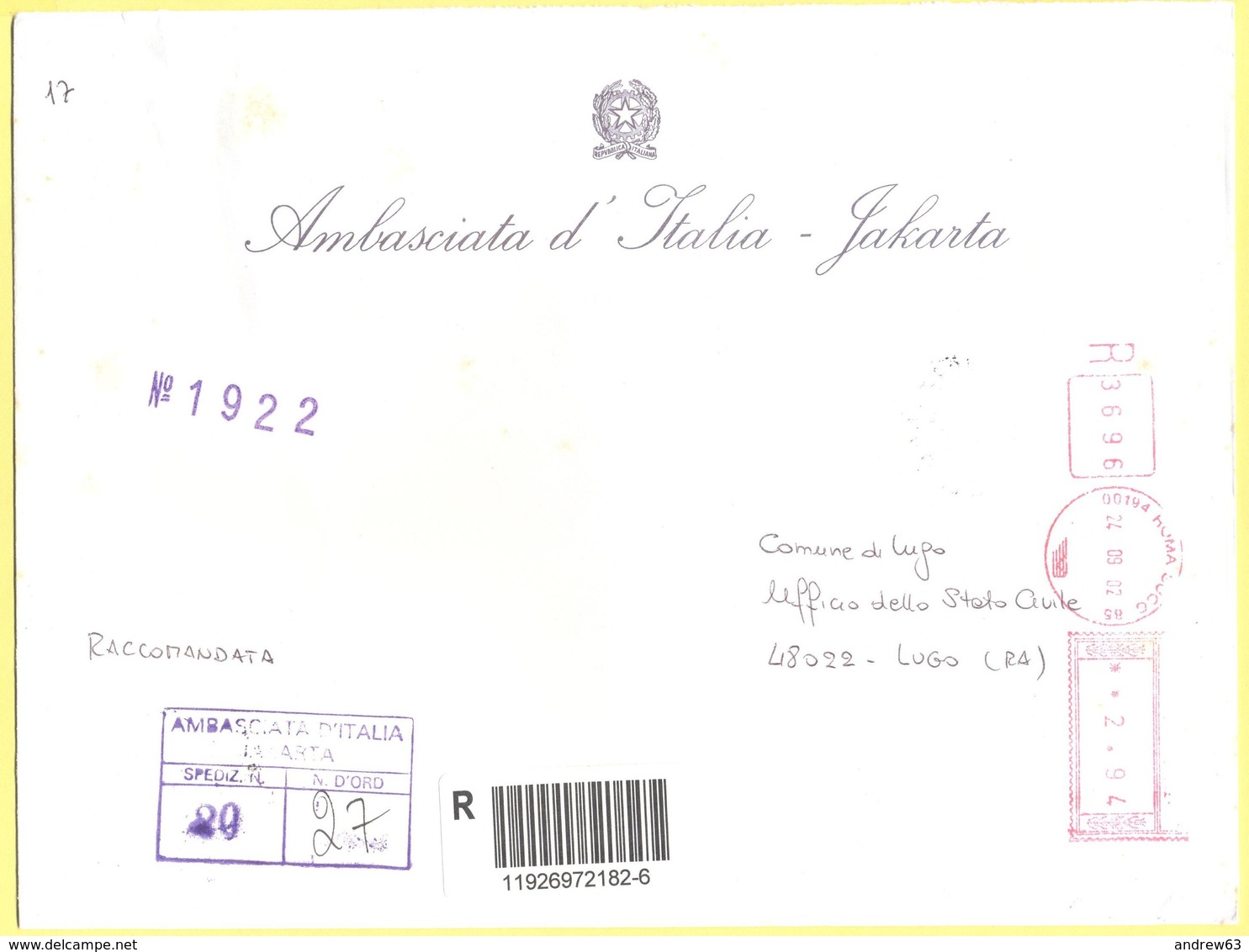 ITALIA - ITALY - ITALIE - 2002 - 02,94 EMA, Red Cancel - Ambasciata D'italia - Viaggiata Da Roma Per Lugo - Macchine Per Obliterare (EMA)