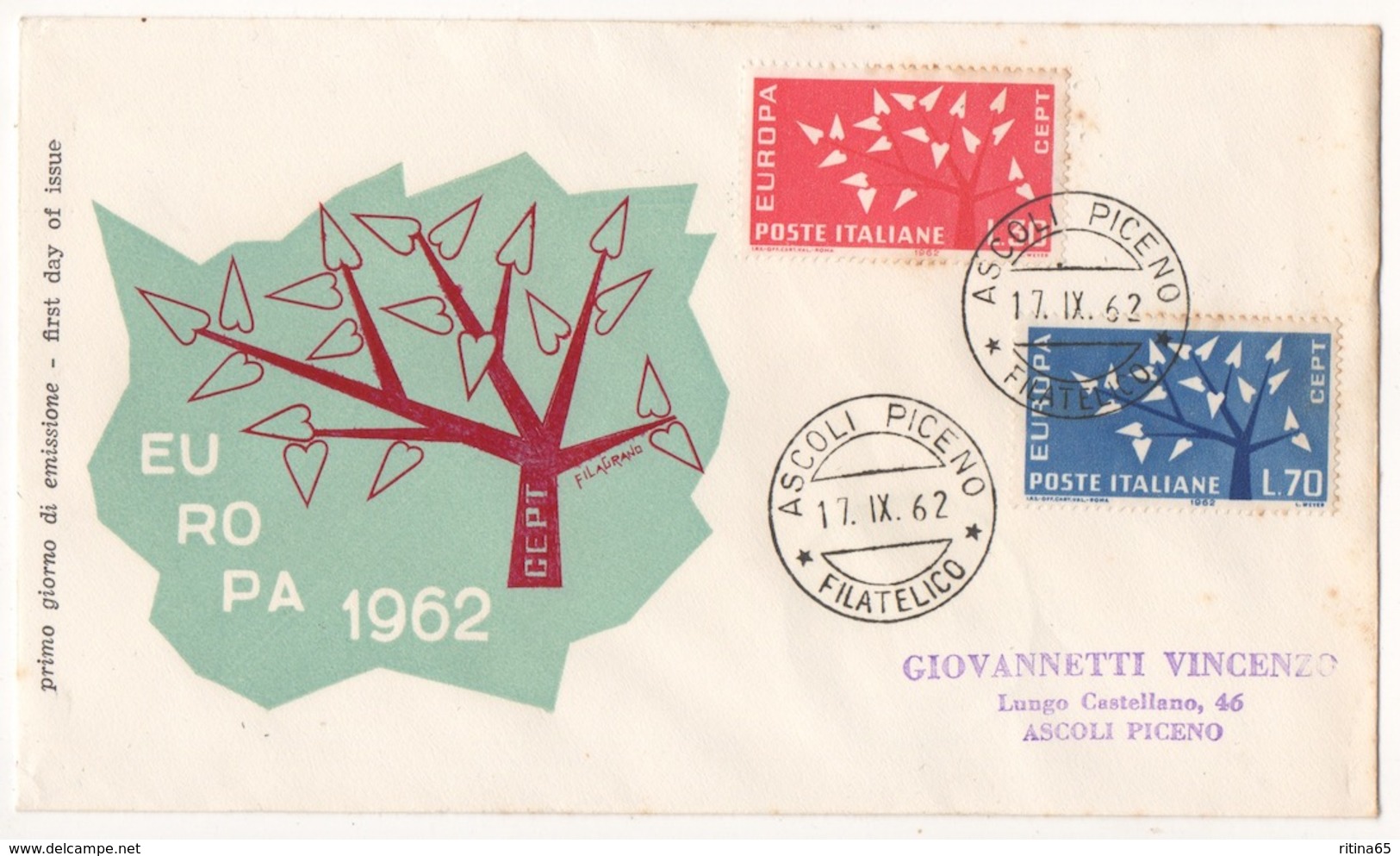 REPUBBLICA !!! 1962 ITALIA EUROPA FDC SU BUSTA !!! 191/IT - 1961-70: Marcophilie