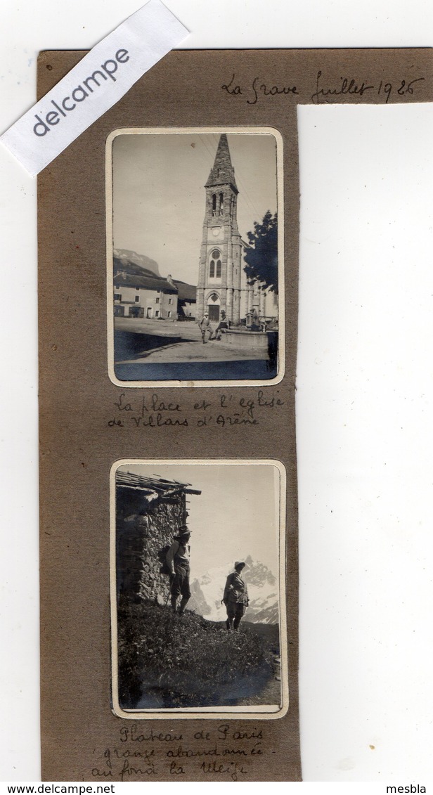 2 Photos LA GRAVE 1926 - Place Et Eglise De Villars D' Arene - Plateau De Paris, Grange Abandonnée Au Fond La Meije - Lieux