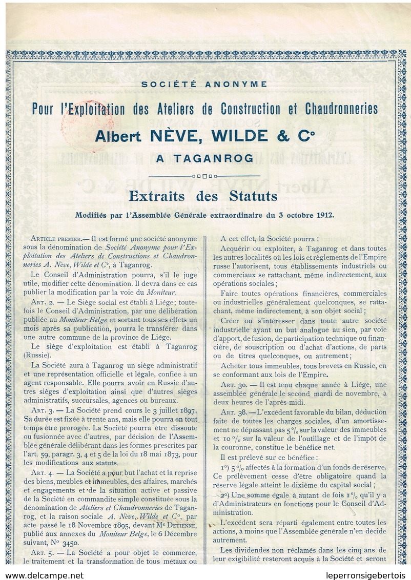 Société  Pour L'Exploitation Des Ateliers De Construction Et Chaudronneries Albert Nève, Wilde & Cie à  Taganrog - 1912 - Russie