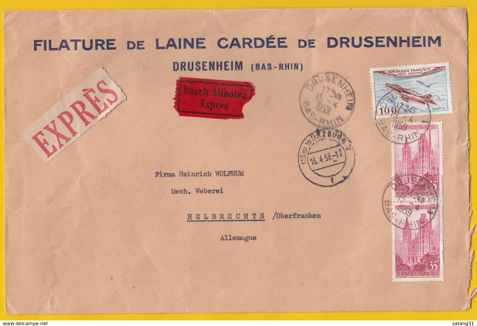 FILATURE DE LAINE CARDÉE DE DRUSENHEIM.LETTRE PAR EXPRESS POUR HELBRECHTS.PLUSIEURS CACHETS DONT AMBULANT/BAHNPOSTSTPL. - Briefe U. Dokumente