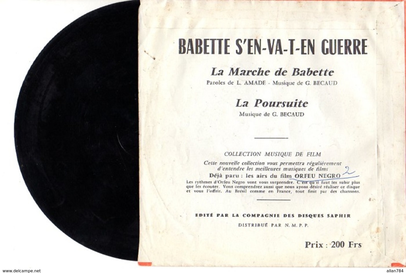 DISQUE SOUPLE SAPHIR MF 2 DE 1959 - MUSIQUE DU FILM BABETTE S'EN VA... - PHOTO BARDOT CHARRIER AU RECTO - TB ETAT - - Musique De Films