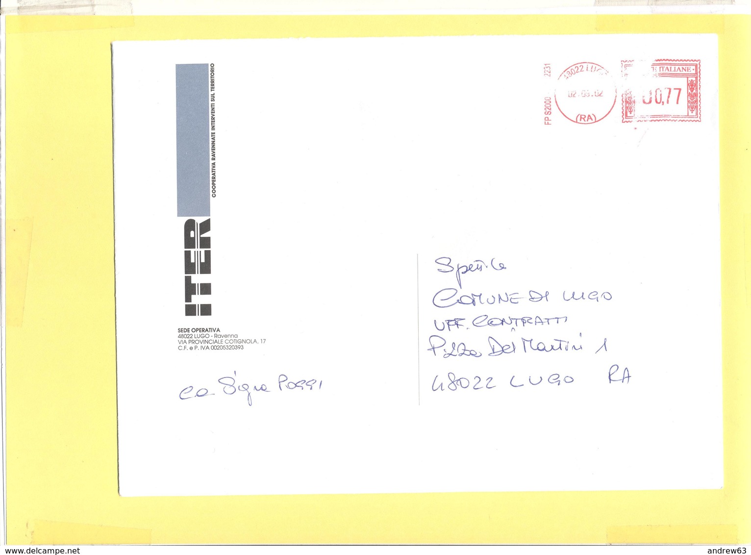 ITALIA - ITALY - ITALIE - 2002 - 03,35 EMA, Red Cancel - ITER - Viaggiata Da Lugo Per Lugo - Macchine Per Obliterare (EMA)