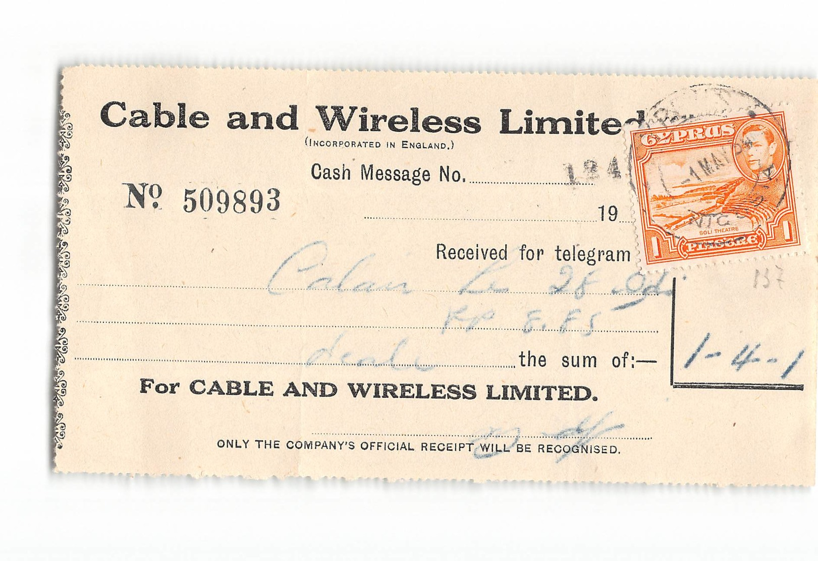 AG1662 01  CYPRUS CABLE AND WIRELESS  LIMITED - RECEIVED FOR TELEGRAM - Chypre (...-1960)