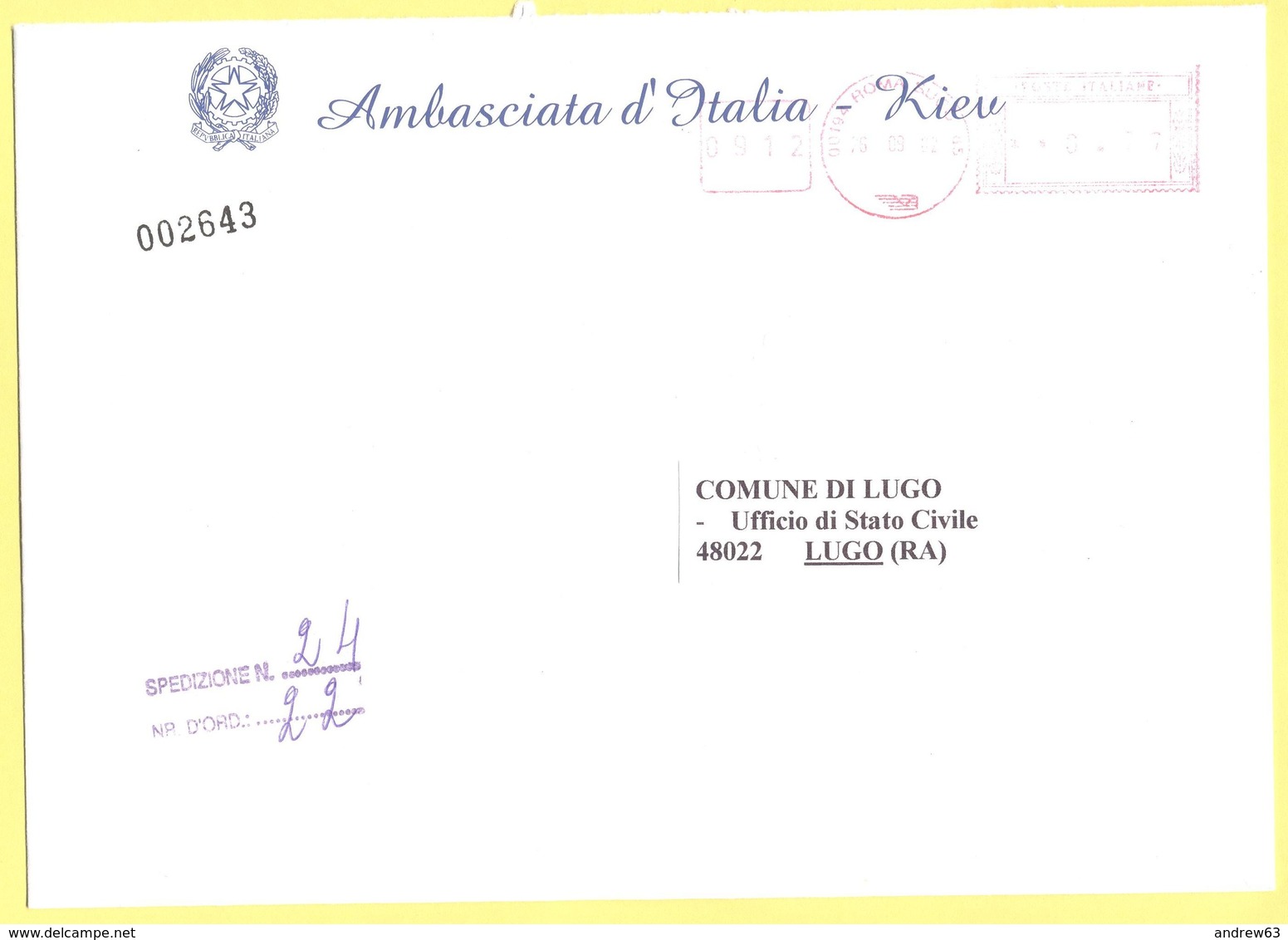 ITALIA - ITALY - ITALIE - 2002 - 02,94 EMA, Red Cancel - Ambasciata D'italia - Viaggiata Da Roma Per Lugo - Macchine Per Obliterare (EMA)