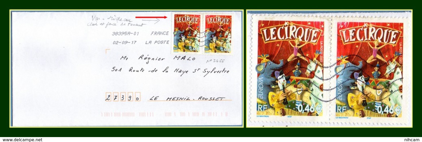 Lettre 2017 Variété Rideau Clair Tenant à Foncé / N° 3466 Europa 2002 Cirque Eléphant - Usados