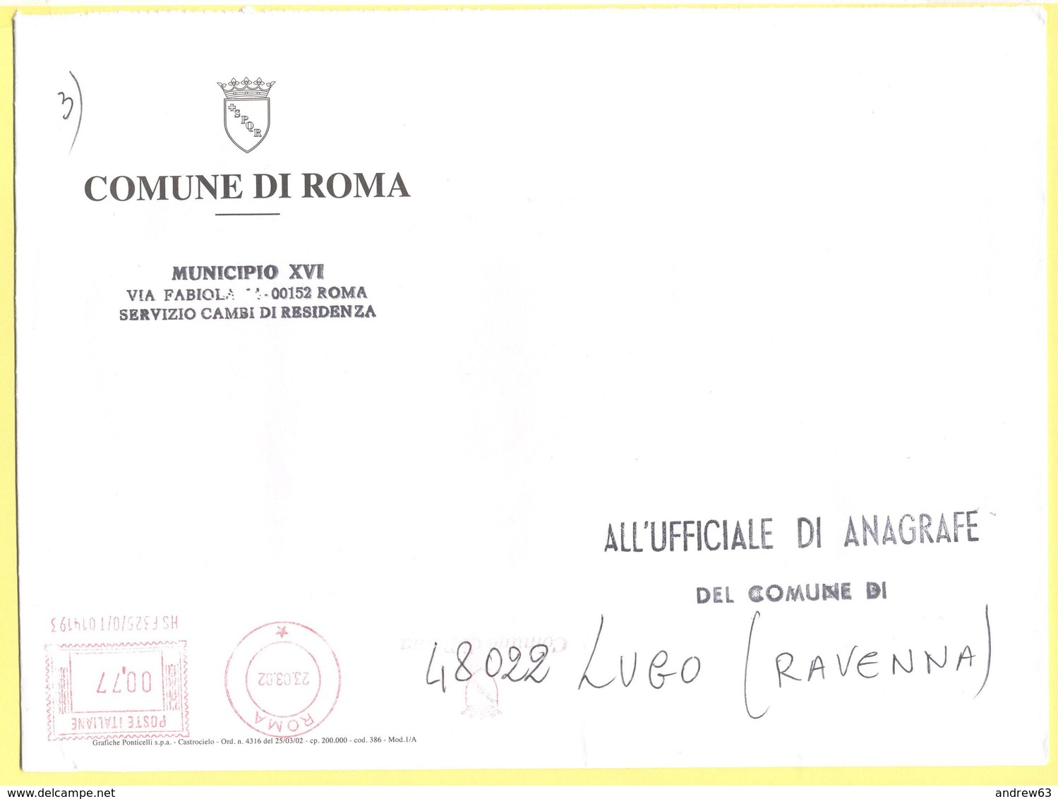 ITALIA - ITALY - ITALIE - 2002 - 00,77 EMA, Red Cancel - Comune Di Roma - Viaggiata Da Roma Per Lugo - Macchine Per Obliterare (EMA)