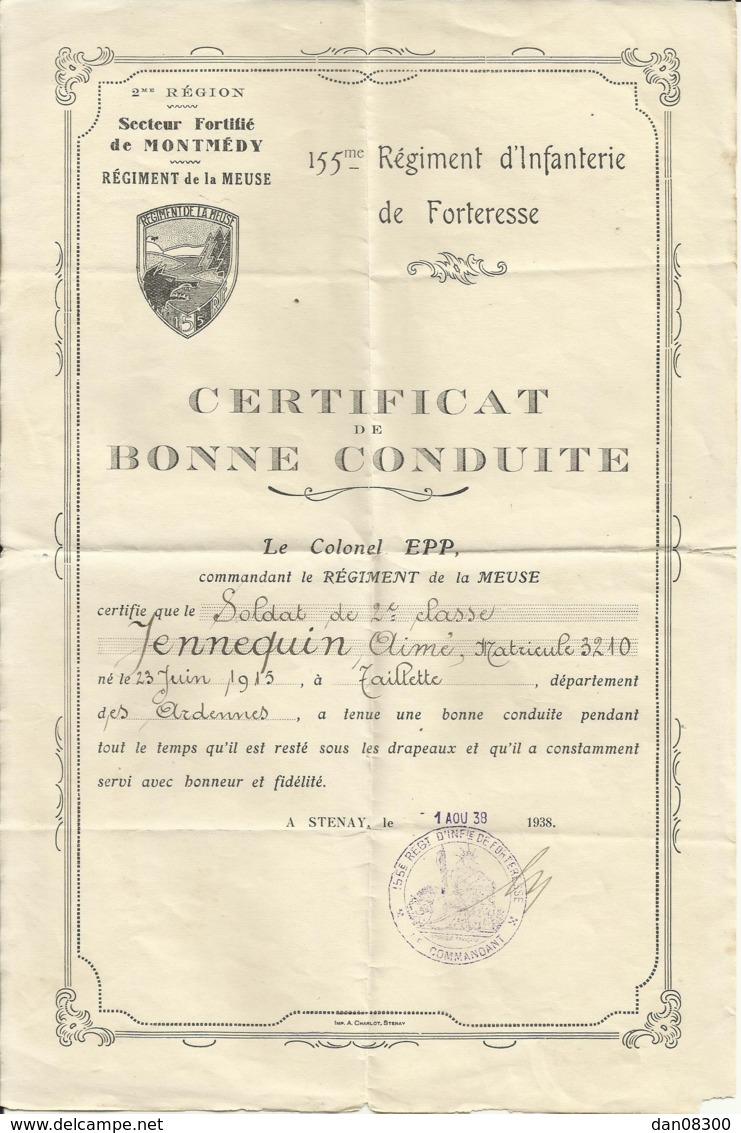 CERTIFICAT DE BONNE CONDUITE A JENNEQUIN AIME NE A TAILLETTE ARDENNES DELIVRE A STENAY LE 1 AOUT 1938 - Documents