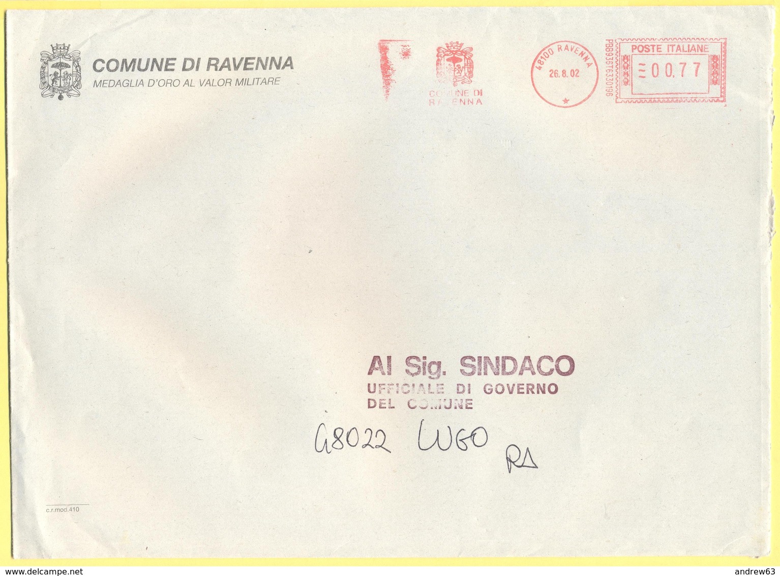 ITALIA - ITALY - ITALIE - 2002 - 00,77 EMA, Red Cancel - Comune Di Ravenna - Viaggiata Da Ravenna Per Lugo - Macchine Per Obliterare (EMA)