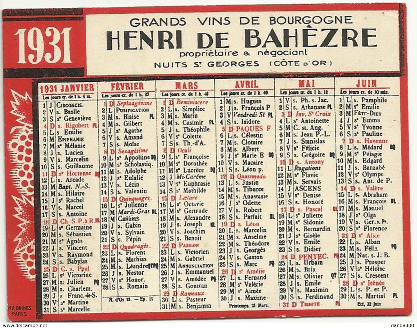 CALENDRIER DE 1931 GRANDS VINS DE BOURGOGNE HENRI DE BAHEZRE NUITS ST GEORGES - Small : 1921-40