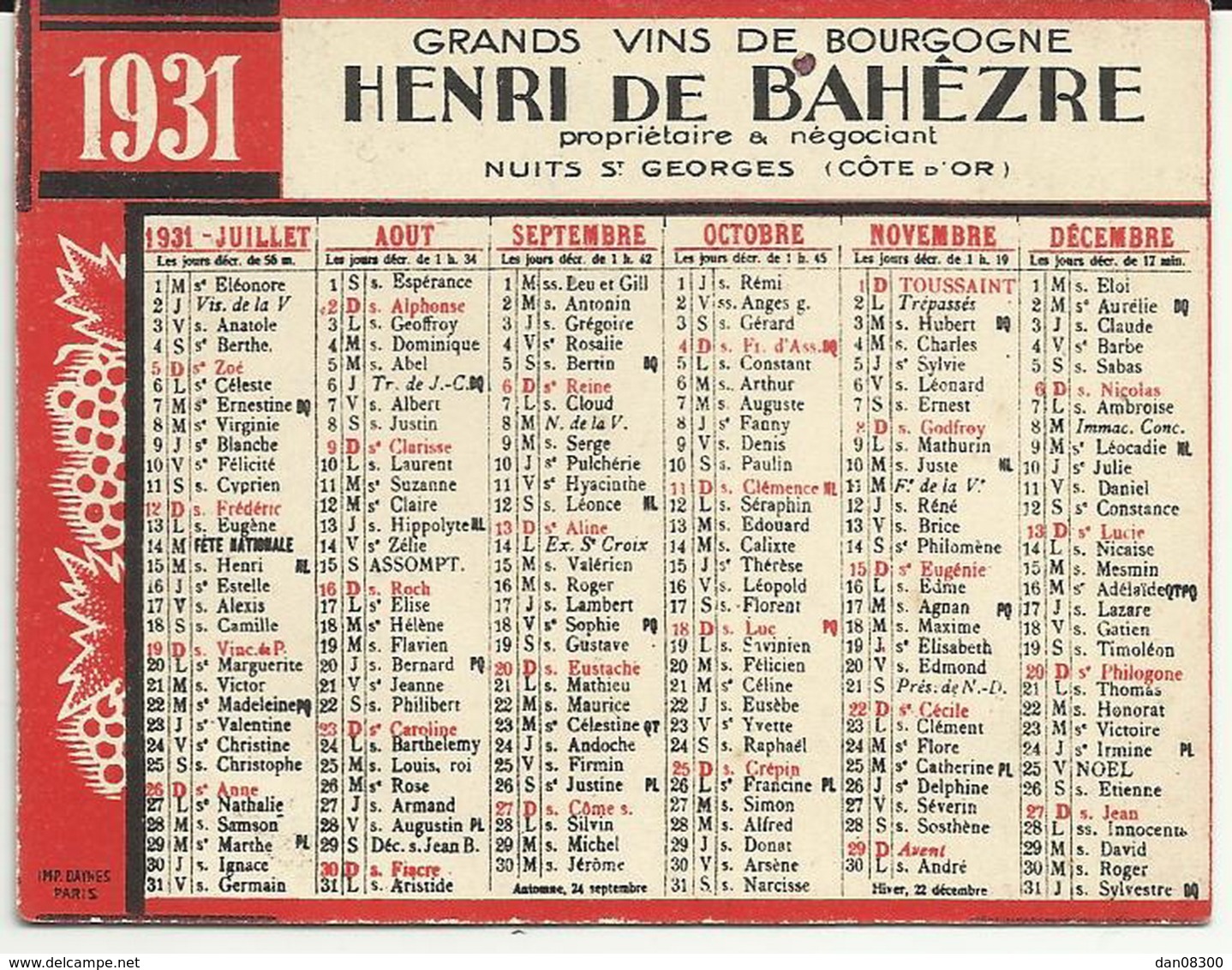 CALENDRIER DE 1931 GRANDS VINS DE BOURGOGNE HENRI DE BAHEZRE NUITS ST GEORGES - Small : 1921-40