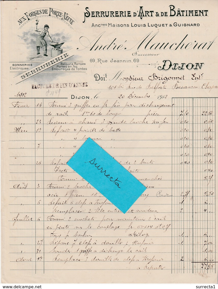 Facture1912 / André MAUCHERAT / Serrurerie D'Art / "Aux Forges De Porte-Neuve"/ Enclume Forgeron / 21 Dijon - 1900 – 1949