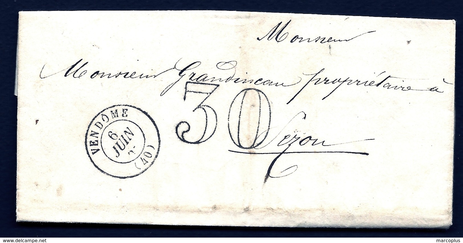 CP 8- LETTRE DE VENDÔME POUR SÉZOU (09) AVEC TAXE AU TAMPON DOUBLE TRAIT 30 C TRÈS NET- CAD ARRIVÉE 3 SCANS - 1801-1848: Précurseurs XIX