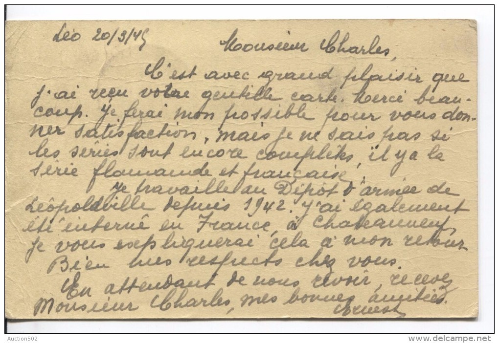 Belgisch Congo Belge TPA 17(2) S/CP Avion C.Léopoldville 22/3/1945 Censure Des Com.652 V.Frasnes-lez-Gosselies PR3638 - Lettres & Documents