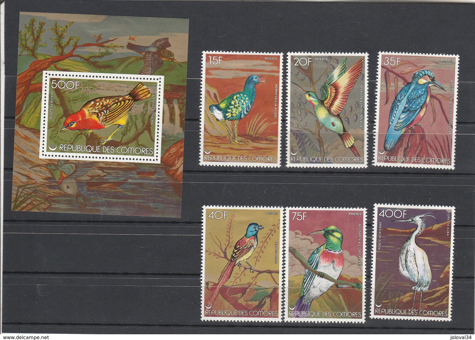 COMORES 195 à 199 * + PA 130 * + Bloc 12 * - Avec Charnière  - 2 Scan - Oiseaux - Défauts Adhérences Clairs - Comores (1975-...)