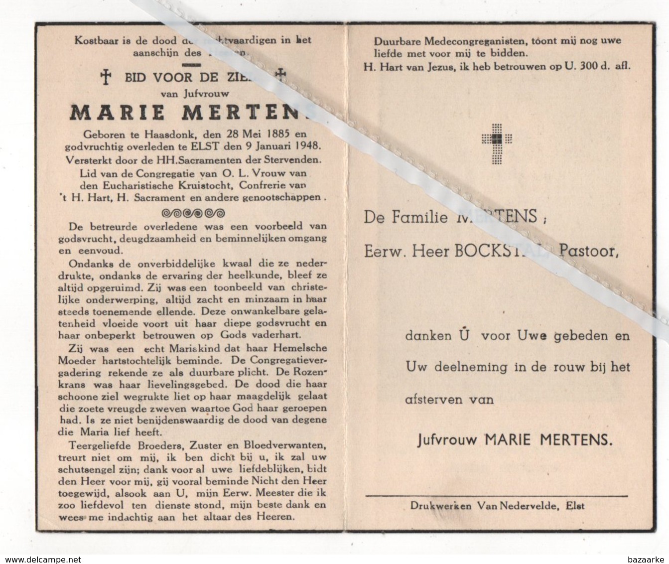 MARIE MERTENS ° HAASDONK 1885 + ELST 1948 / FAM. MERTENS / PASTOOR BOCKSTAL - Images Religieuses
