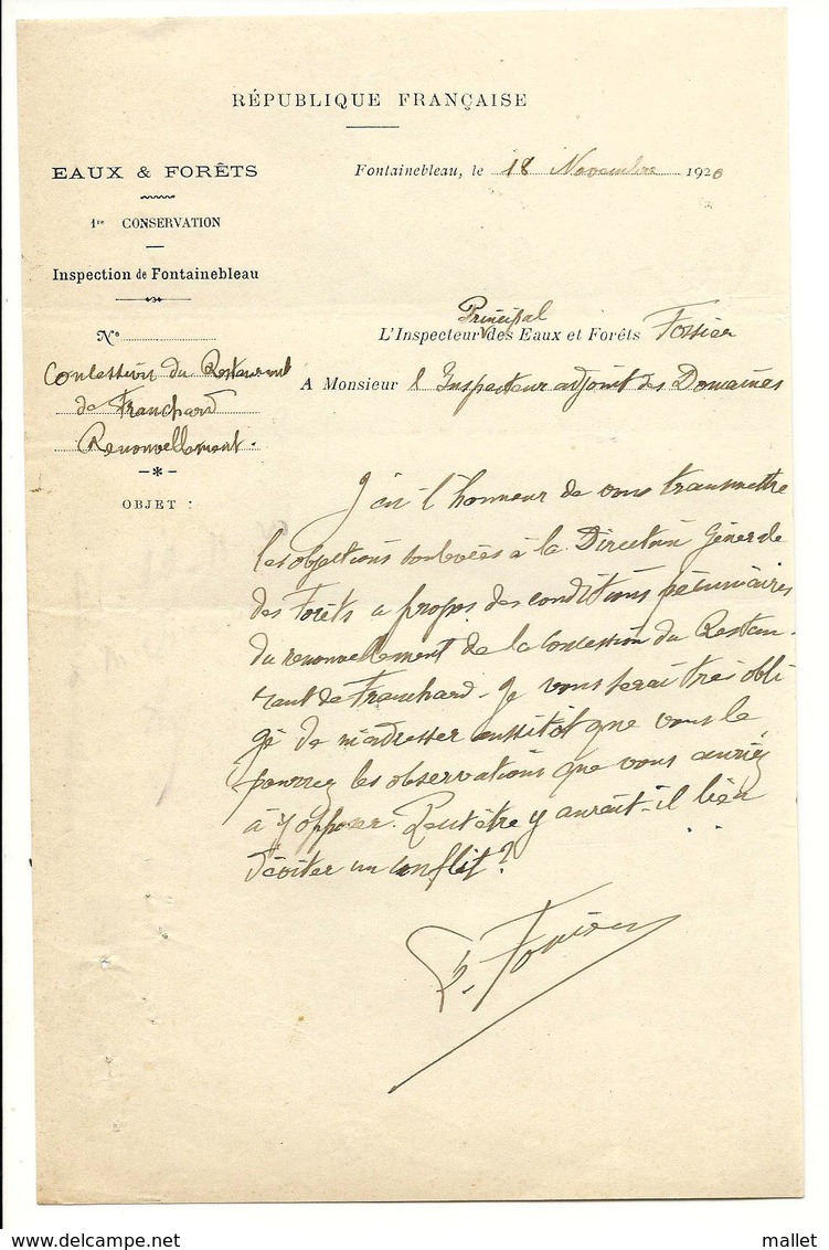 Courrier (1926) De L'inspecteur Des Eaux Et Forêts De Fontainebleau, à Propos De La Concession Du Resto Franchard - Documents Historiques