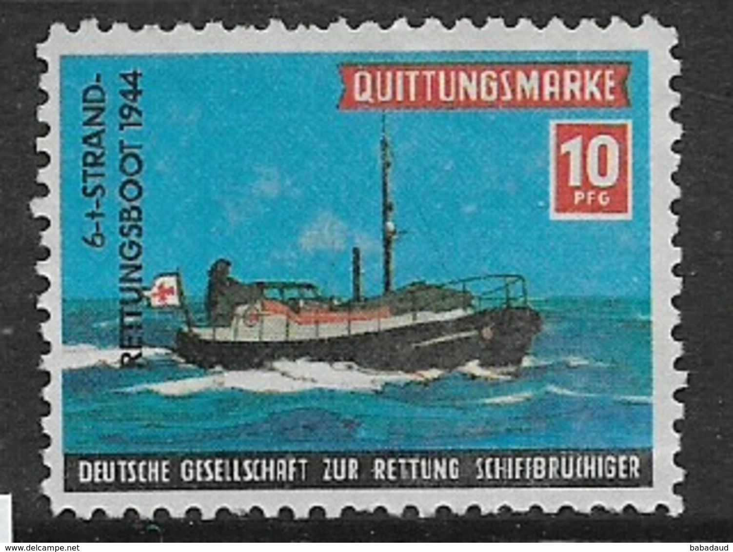 Quittungsmarke 10Pfg Gesellschaft Zur Rettung Bruchigerschiff 6-1 Strand Rettungsboot  1944 Sea Rescue Charity Stamp - Other & Unclassified