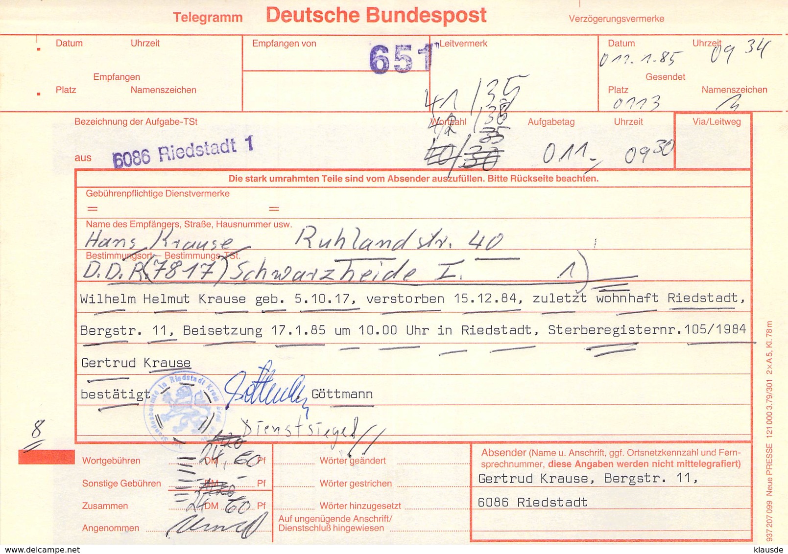 Telegramm Deutsche Bundespost 6086 Riedstadt-DDR 6821 Sundrema Kr.Rudolstadt 1987 - Autres & Non Classés