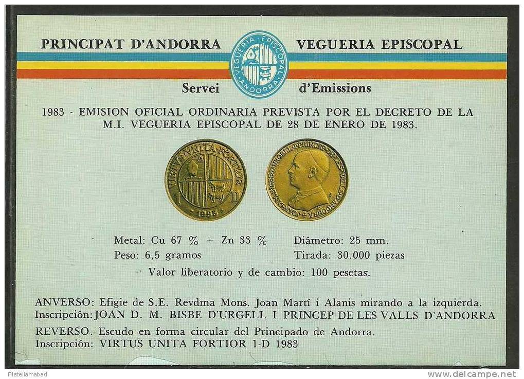 ANDORRA VEGUERIA EPISCOPAL - TARJETA PUBLICITARIA ANUNCIANDO  LA PIEZA DE 1 DINER 1983 CON PUBLICIDAD AL DORSO. - Episcopale Vignetten