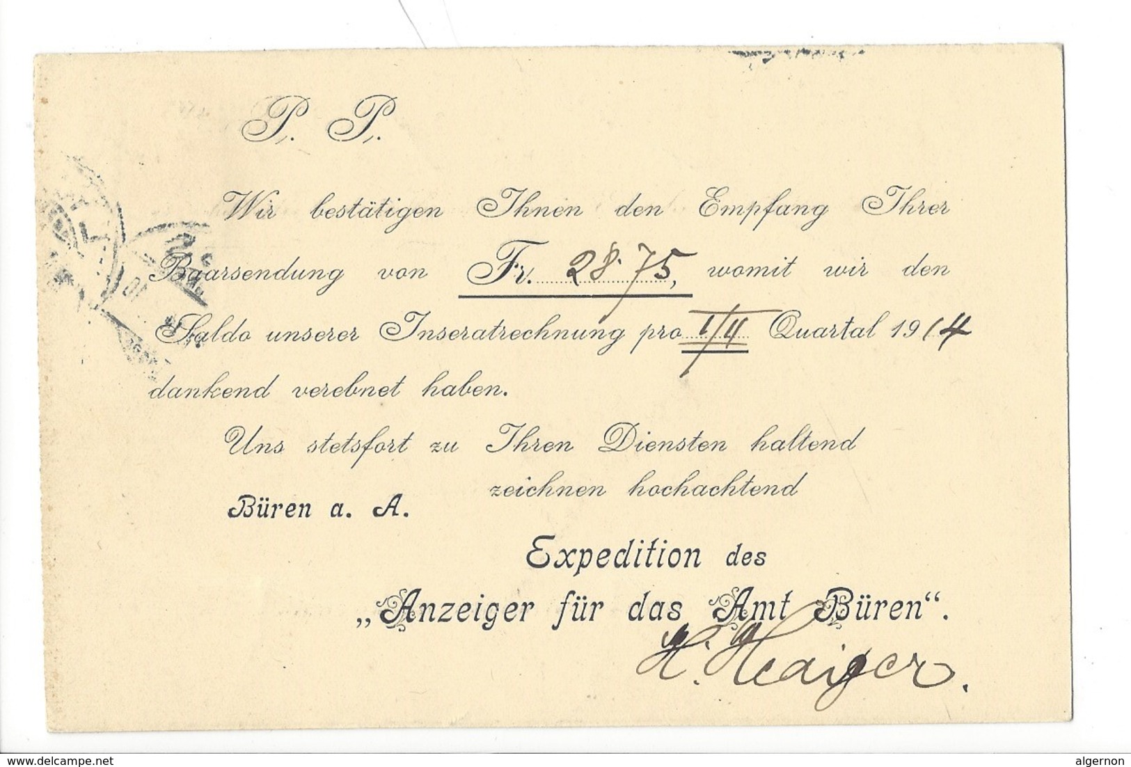 22002 -  Büren Anzeiger Für Das Amt  Lyss 1914 Pour Biel - Büren An Der Aare