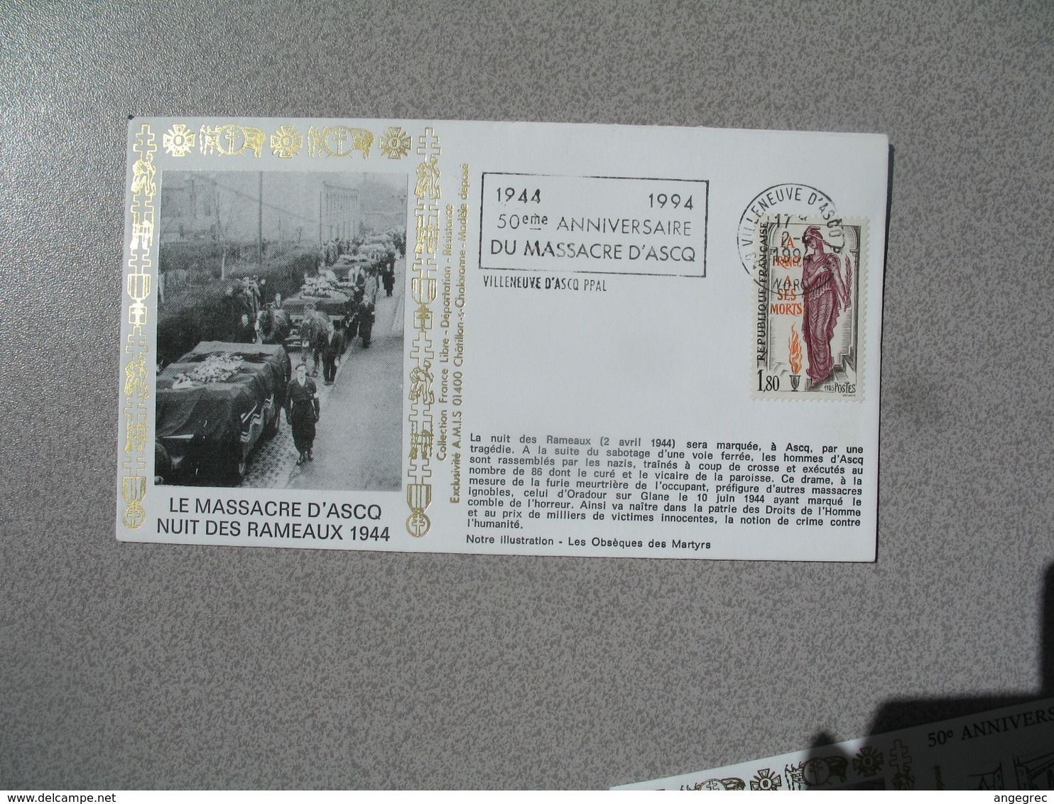 Enveloppe   1994   Le Massacre D'Ascq Nuit Des Rameaux 1944  Cachet  Villeneuve D'Ascq Nord - 1961-....