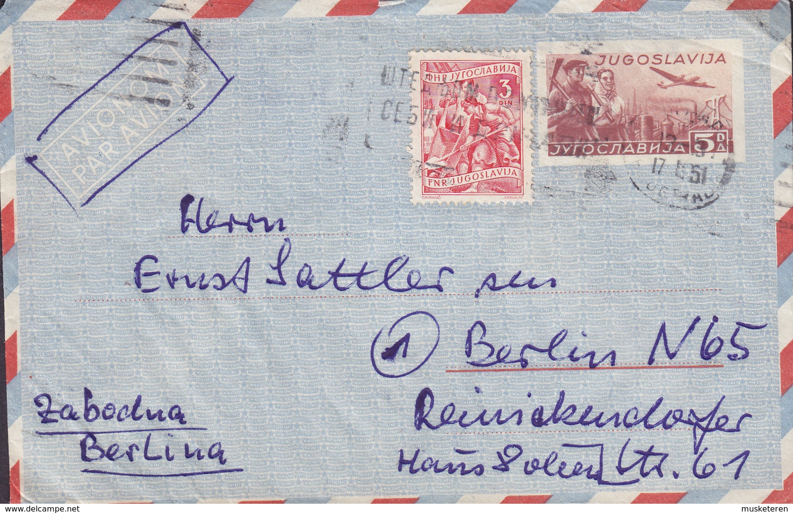 Yugoslavia Uprated Postal Stationery Ganzsache Avionom Par Avion BEOGRAD 1951 Cover Brief BERLIN Germany - Postal Stationery