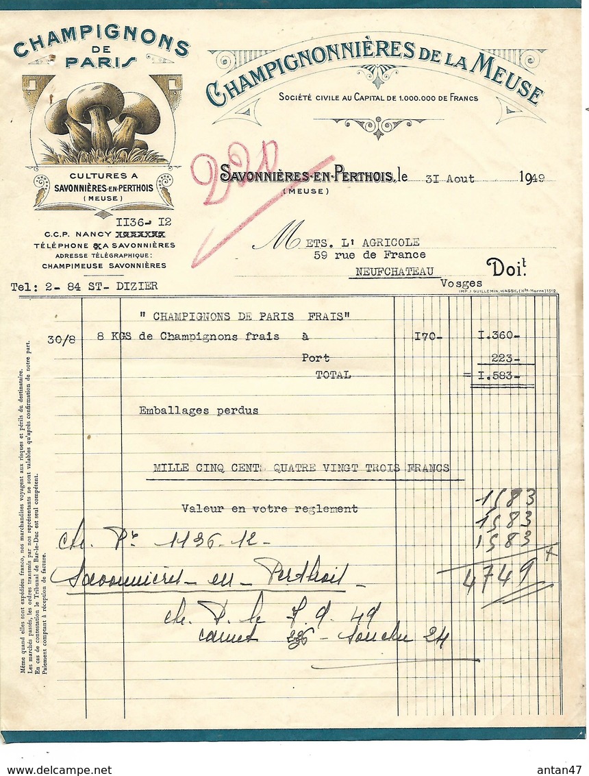 2 Factures 1949 / 55 SAVONNIERES En PERTHOIS / Champignonnières De La Meuse / Champignons De Paris - 1900 – 1949