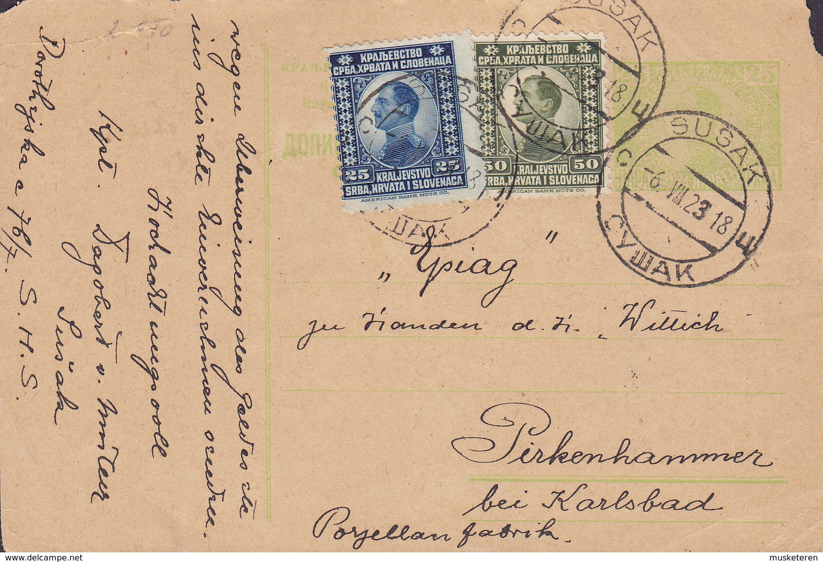 Croatia Vorläufer Yugoslavia Uprated Postal Stationery Ganzsache SUSAK 1923 PIRKENHAMMER Bei KARLSBAD (2 Scans) - Ganzsachen