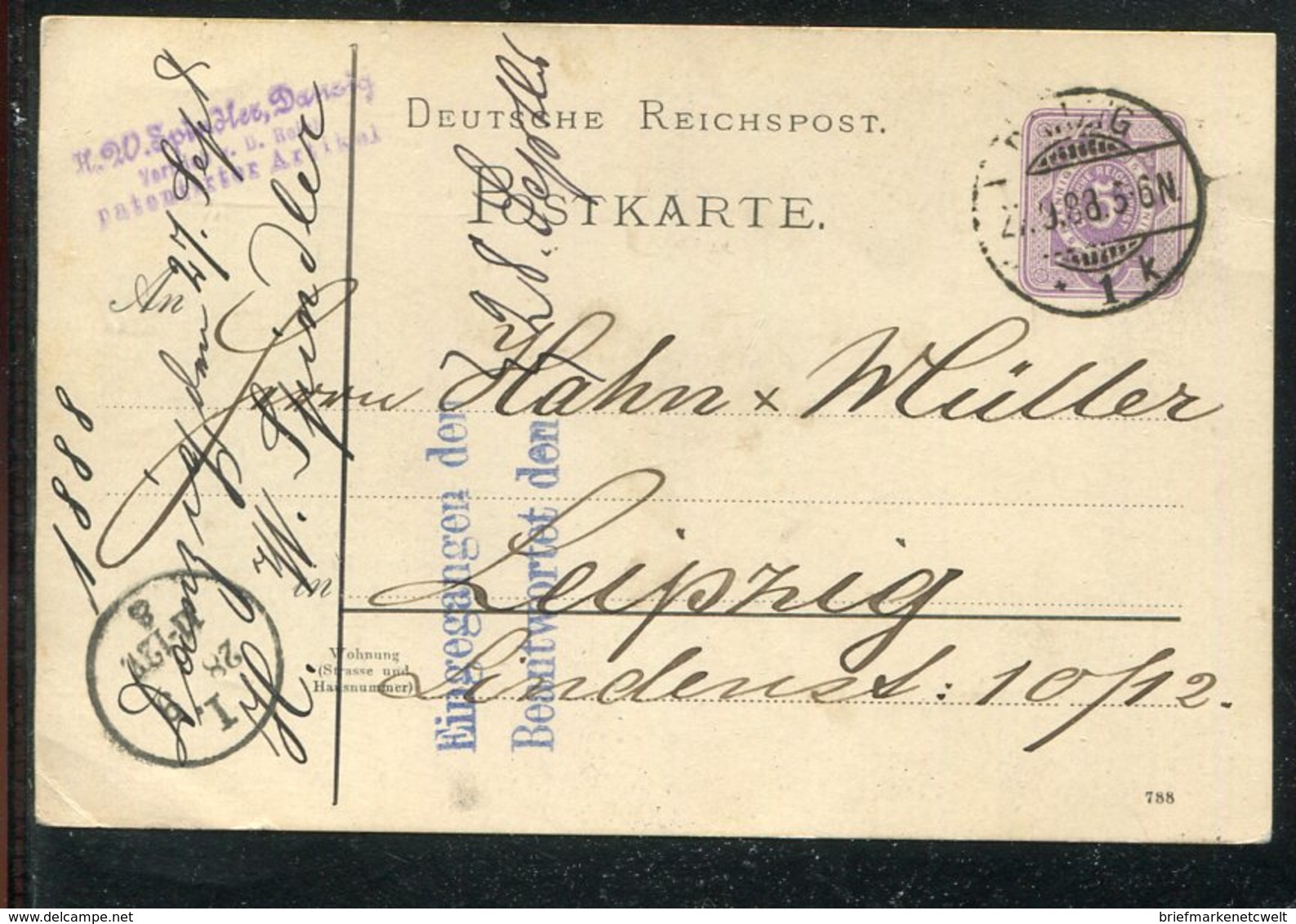 Danzig / 1888 / Vorlaeufer, Postkarte Mit Gitter-Versuchsstempel DANZIG, Brieftraeger-Stempel (13120) - Altri & Non Classificati