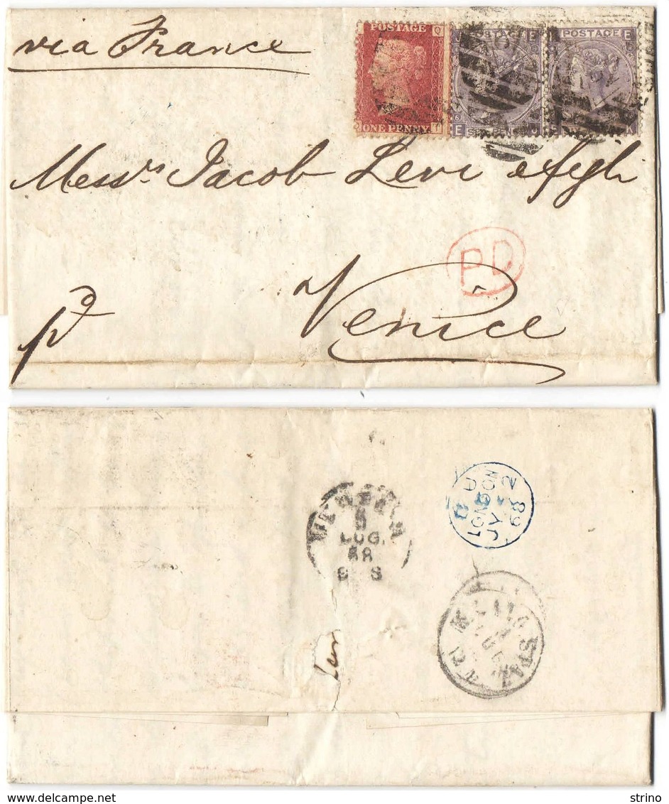AR202) GREAT BRITAIN Letter From London To Venice Via France, 1868 - 1d + 6d + 6d - Storia Postale