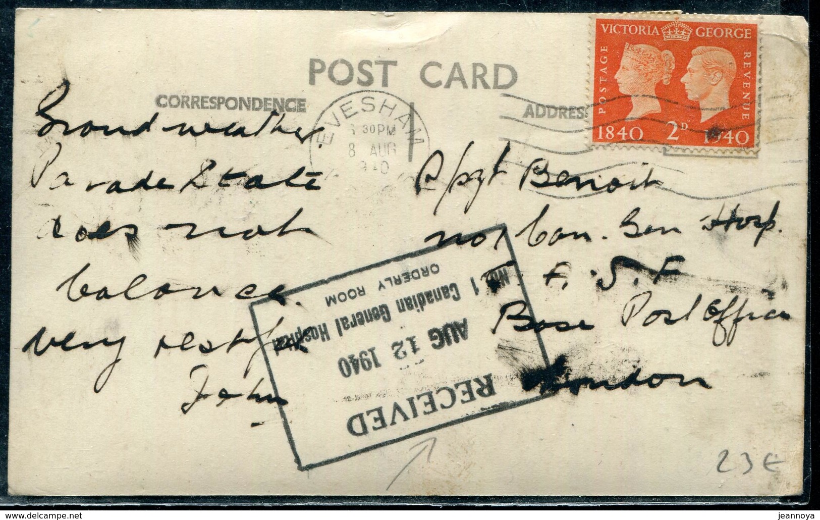 GRANDE BRETAGNE - N° 230 / CP AVEC OM D'EVESHAM LE 8/8/1940 POUR UN HOPITAL MILITAIRE - TB - Storia Postale