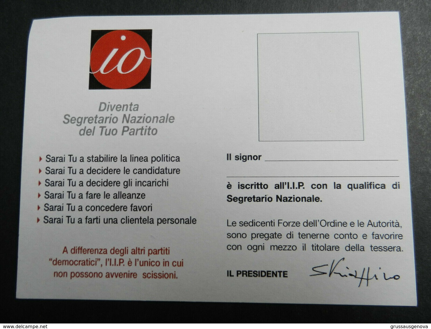 19917) TESSERA IIP ITALIAN INDIVIDUAL PARTY SEDICENTE PARTITO POLITICO SENZA DATA - Partiti Politici & Elezioni