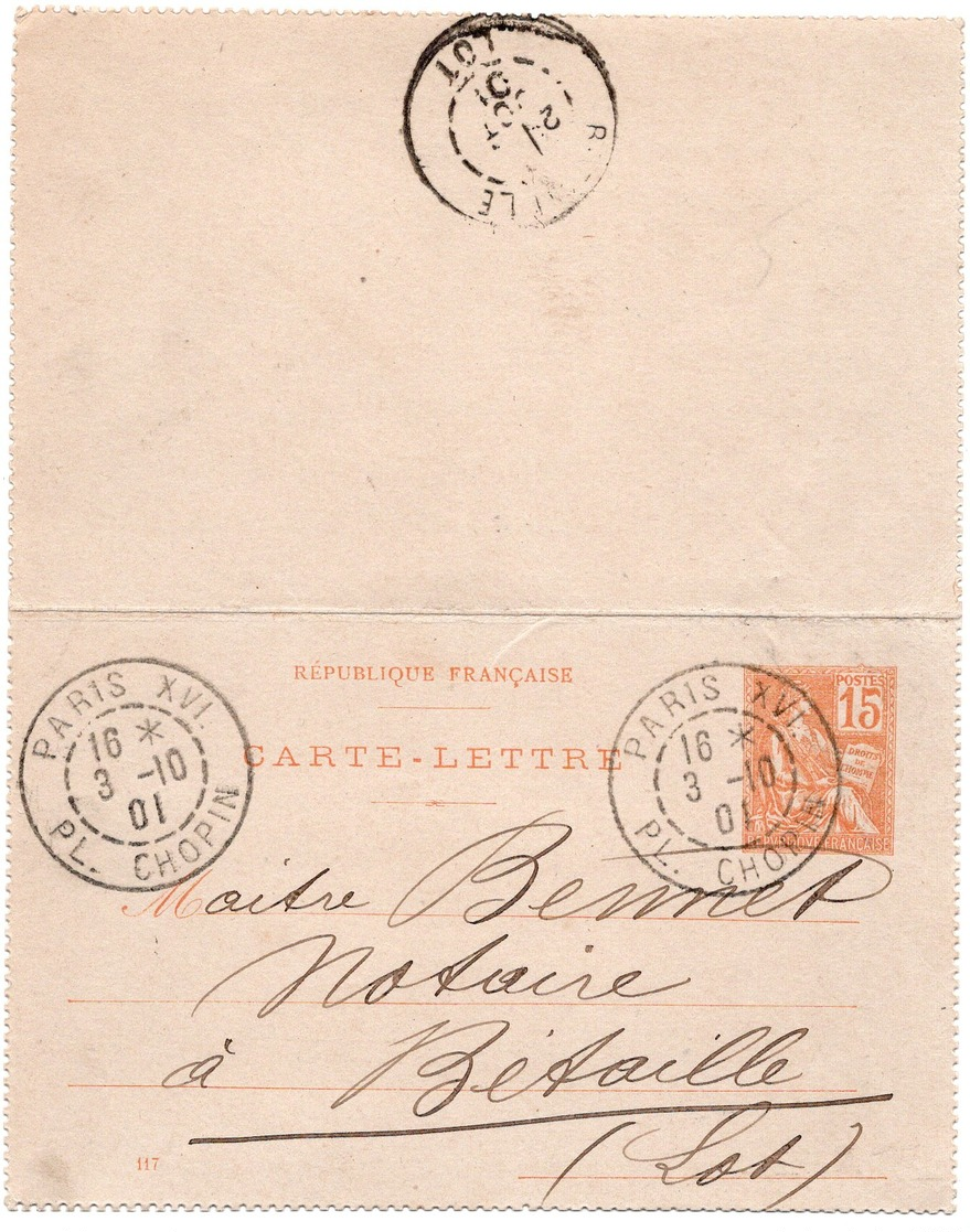 1901 - Entier Postal Type Mouchon 15c Orange / Cachet Paris XVI  Pl. CHOPIN - Kartenbriefe