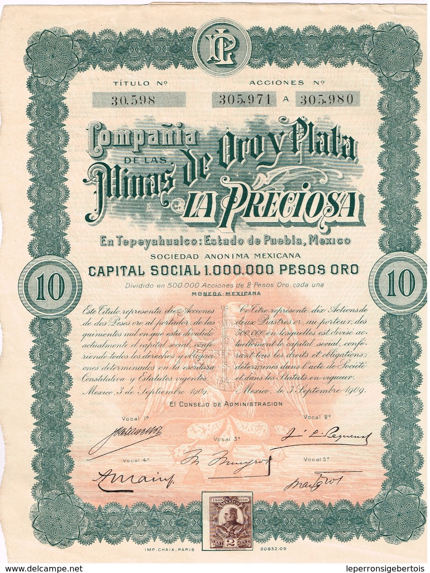 Titre Ancien - Compañia De Las Minas De Oro Y Plata - La Preciosa - Titre De 1909 - Mines