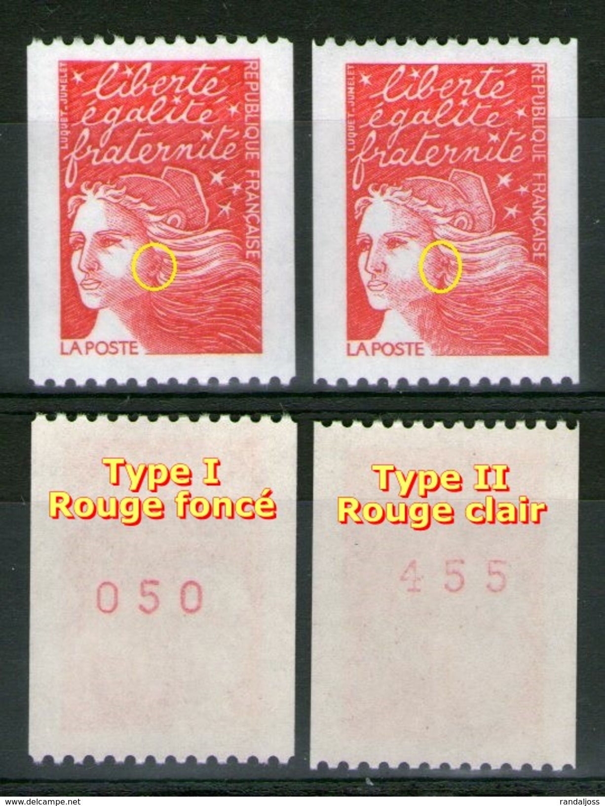 N° 3084a**_type I Et Type II_ N° Rouge Verso_deux Nuances-ombres-cheveux_(121217) - 1997-2004 Marianne Du 14 Juillet