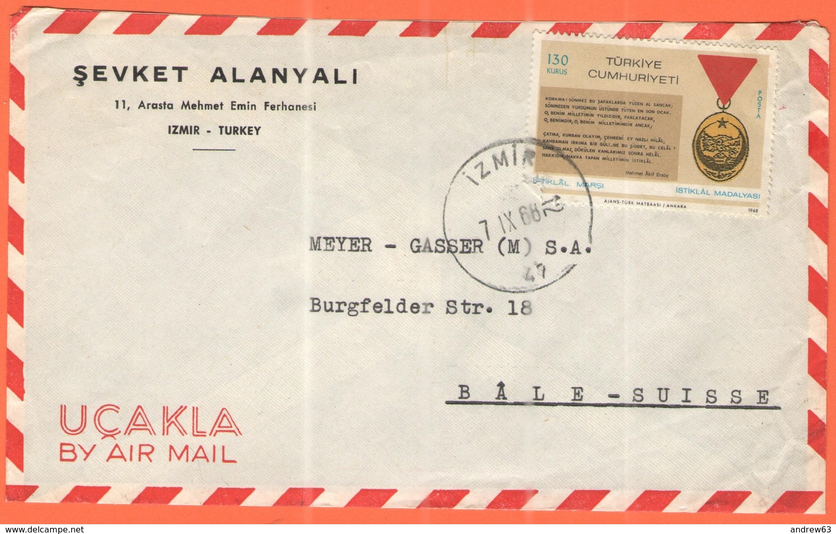 TURCHIA - TURKEY - 1968 - 130 Istiklal Madalyasi - Air Mail - Sevket Alanyali - Viaggiata Da Izmir Per Bâle, Suisse - Storia Postale