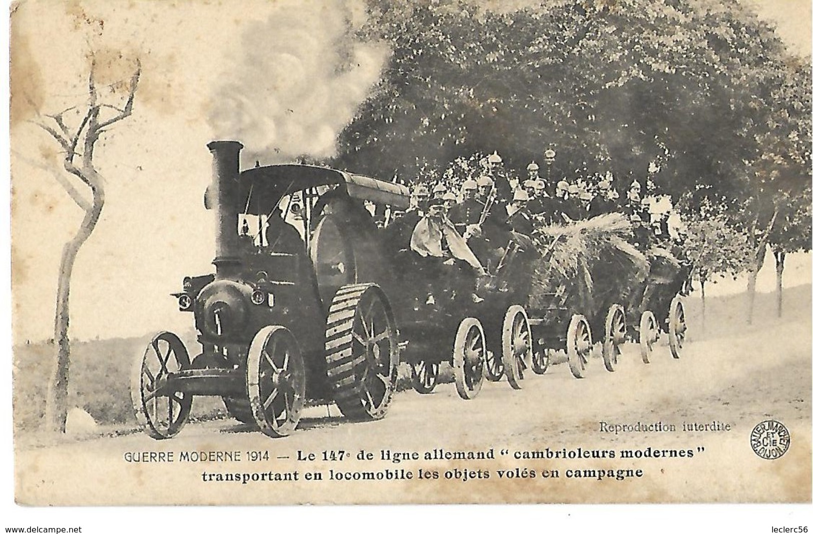 WW1 LE 147è DE LIGNE ALLEMAND SOLDATS SUR TRACTEUR TRANSPORTANT DES OBJETS VOLES CPA 2 SCANS - Guerre 1914-18