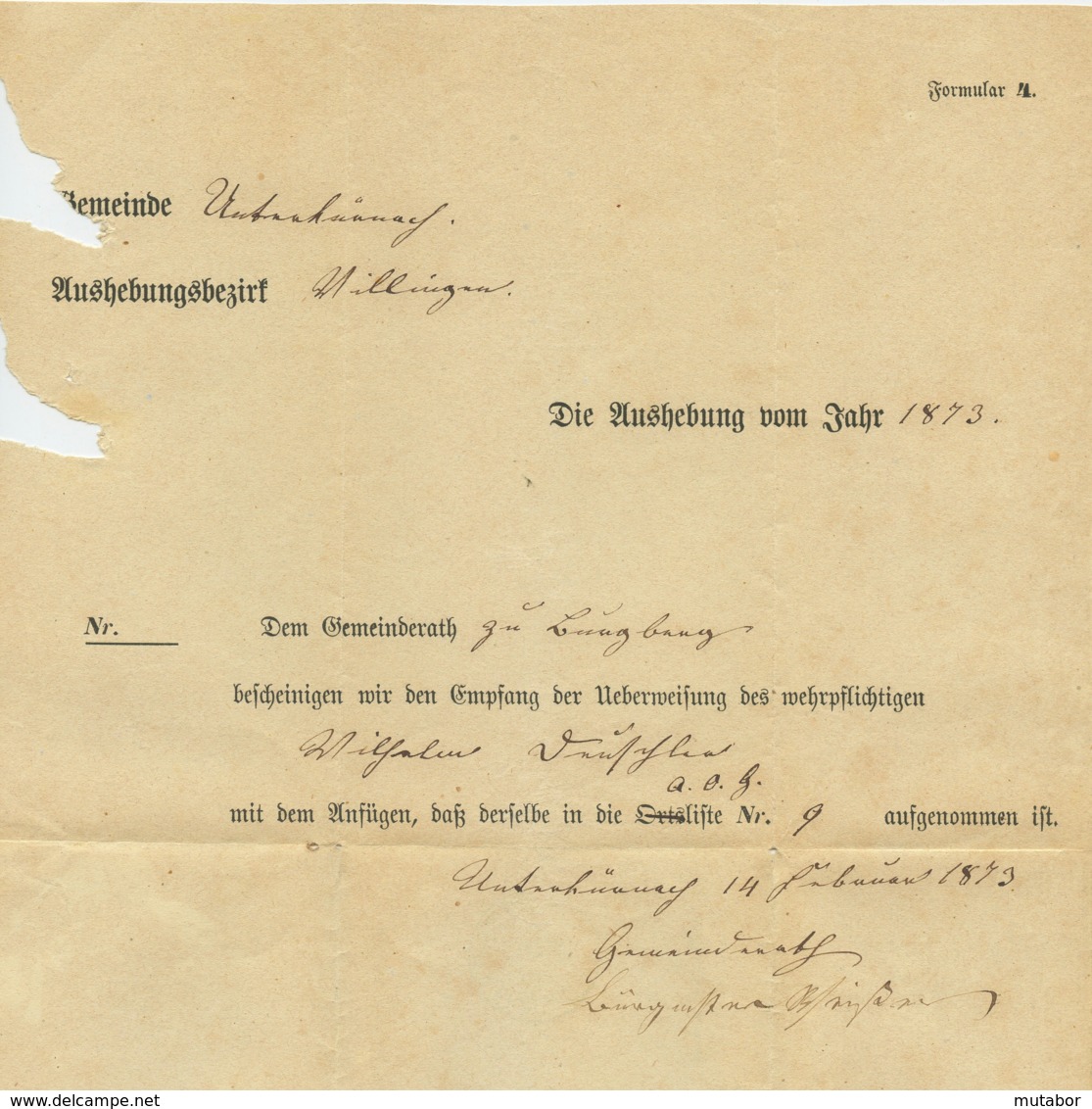 1873 Unterkirnach Bei Villingen Militaria Amtsbrief - Autres & Non Classés