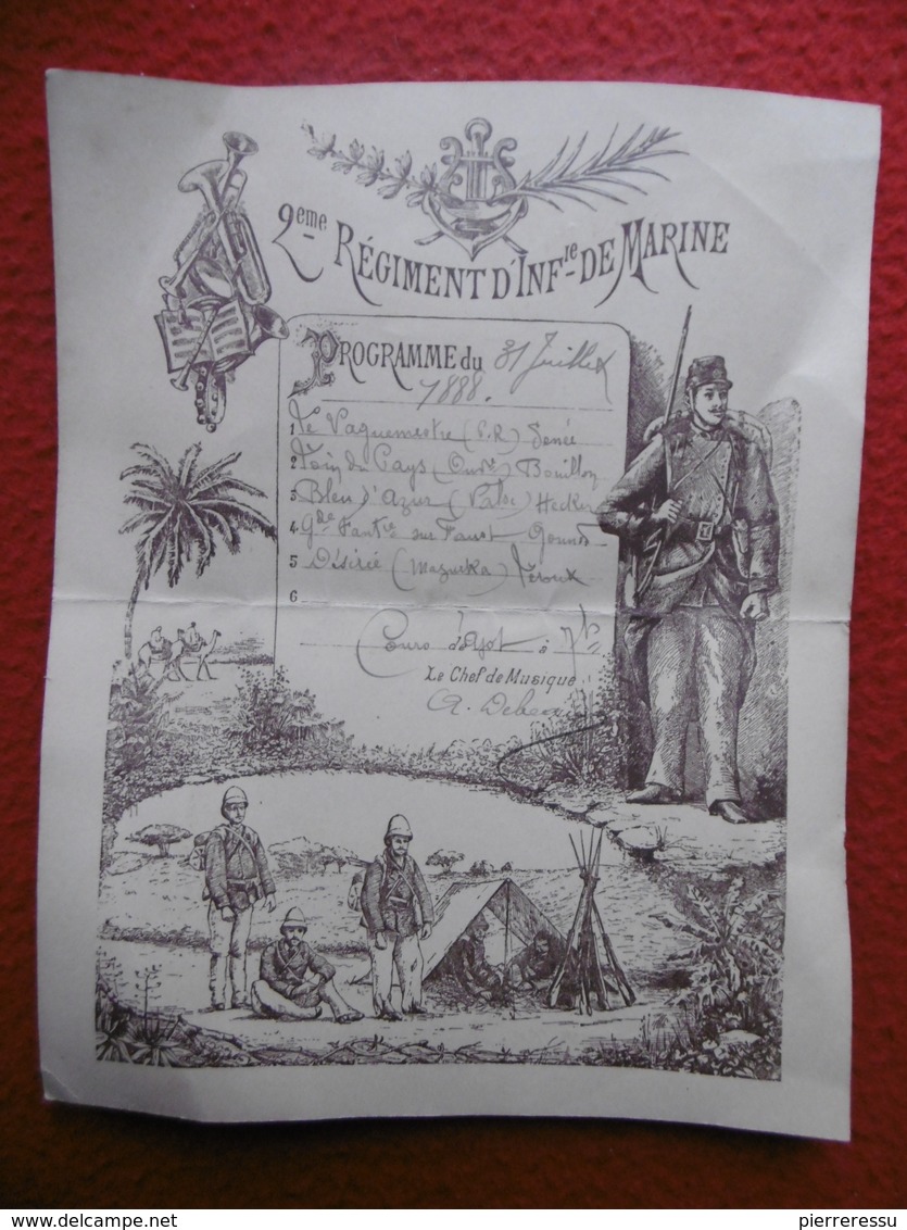 2 REGIMENT D INFANTERIE DE MARINE PROGRAMME ILLUSTRE 31 JUILLET 1888 - Programs