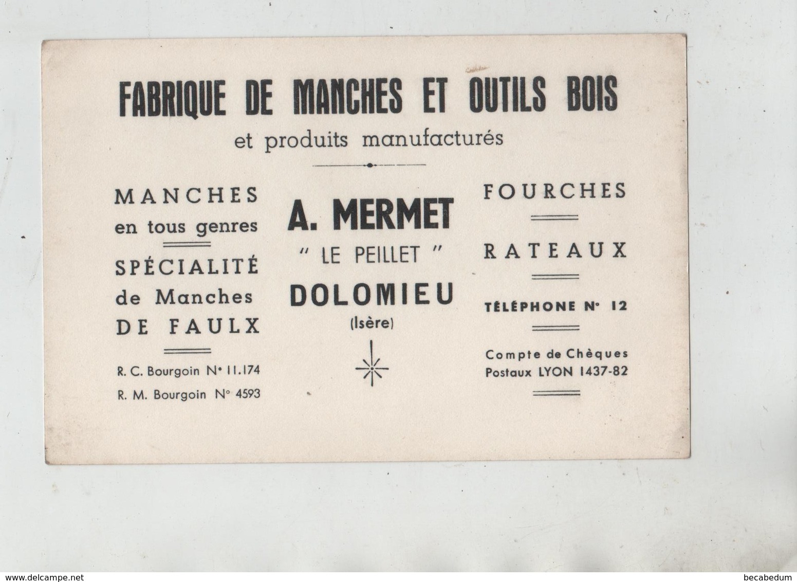 Carte De Visite Mermet Dolomieu Fabrique De Manches Et Outils Bois Faux Fourches Rateaux - Visitenkarten