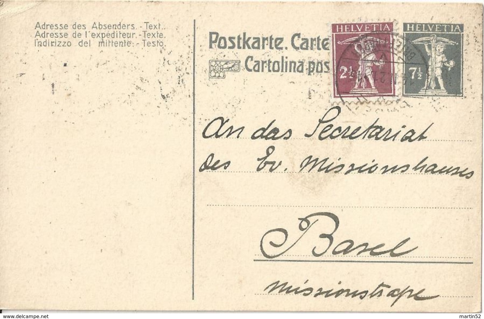 Schweiz Suisse 1921: PK CP Fils De Tell-Knabe 7 1/2 Mit Zu+Mi 136 Yv 157 O BASEL 14.II.21 Nach Basel (Zu CHF 7.00) - Interi Postali