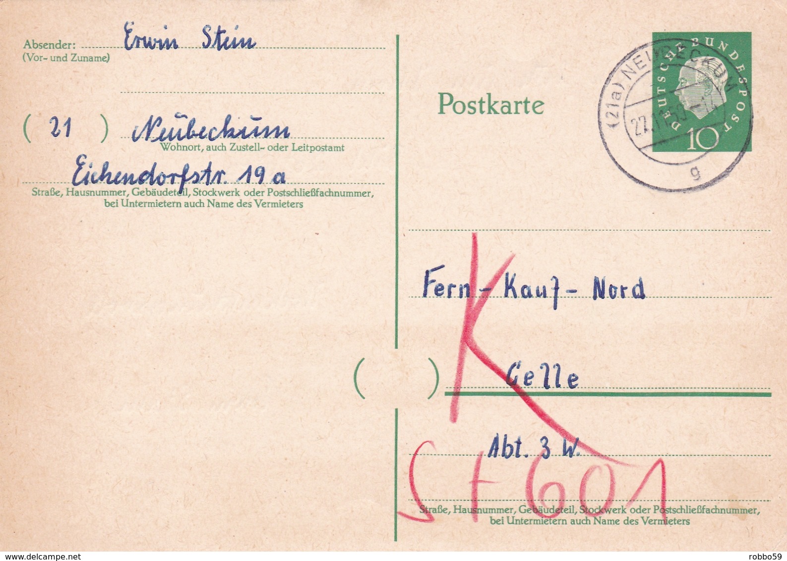 Germany 1959 Neubeckum To Celle10pfg Postal Stationary Postcard - Lettres & Documents