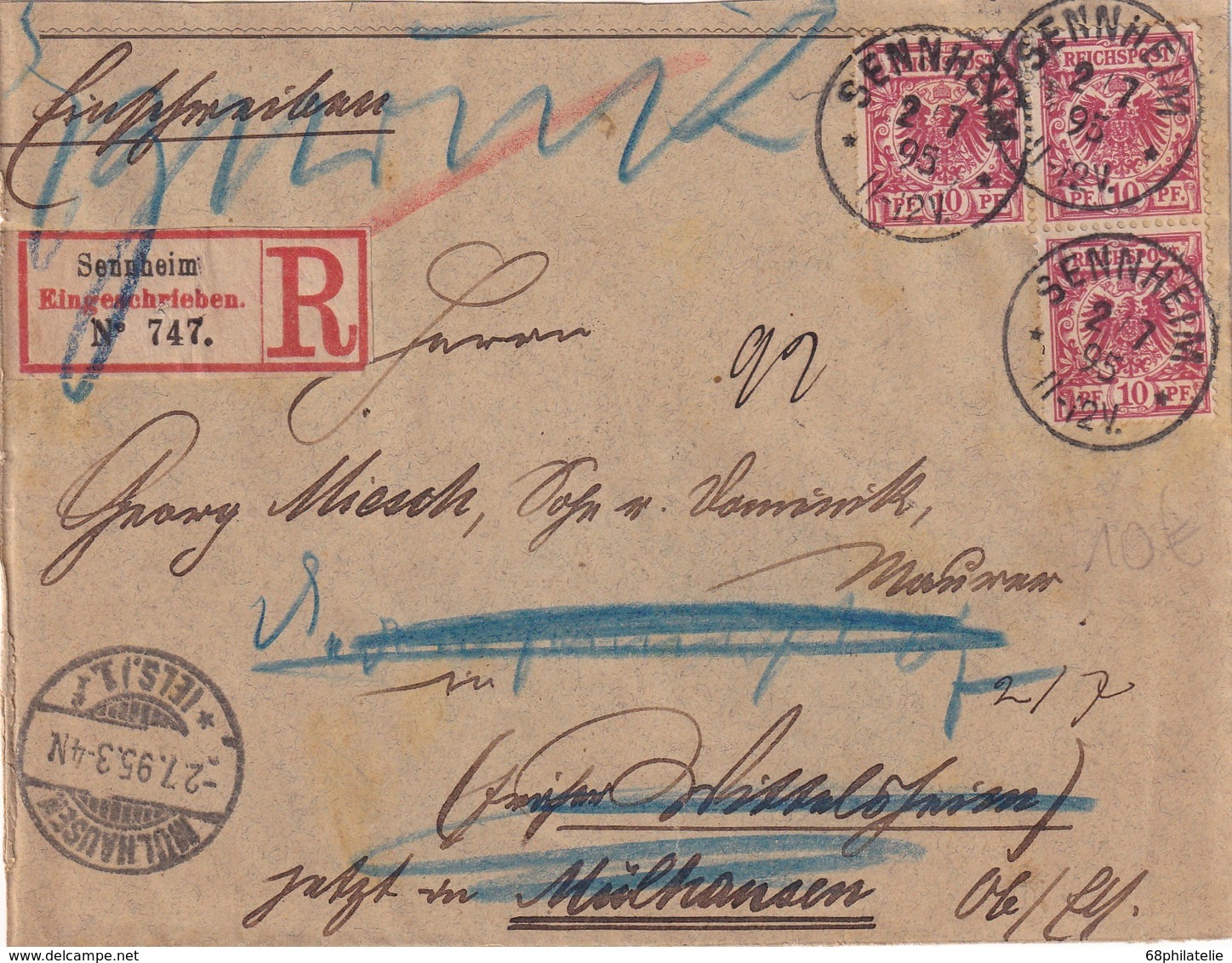 ALSACE-LORRAINE 1895 LETTRE RECOMMANDEE DE SENNHEIM AVEC CACHET ARRIVEE MÜLHAUSEN - Cartas & Documentos