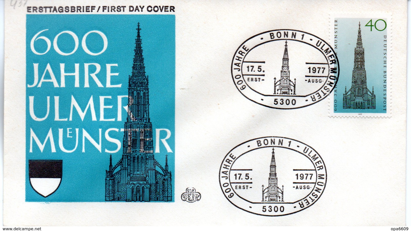 BRD Schmuck-FDC "600 Jahre Ulmer Münster", Mi. 937 ESSt 17.5.1977 BONN 1 - Altri & Non Classificati