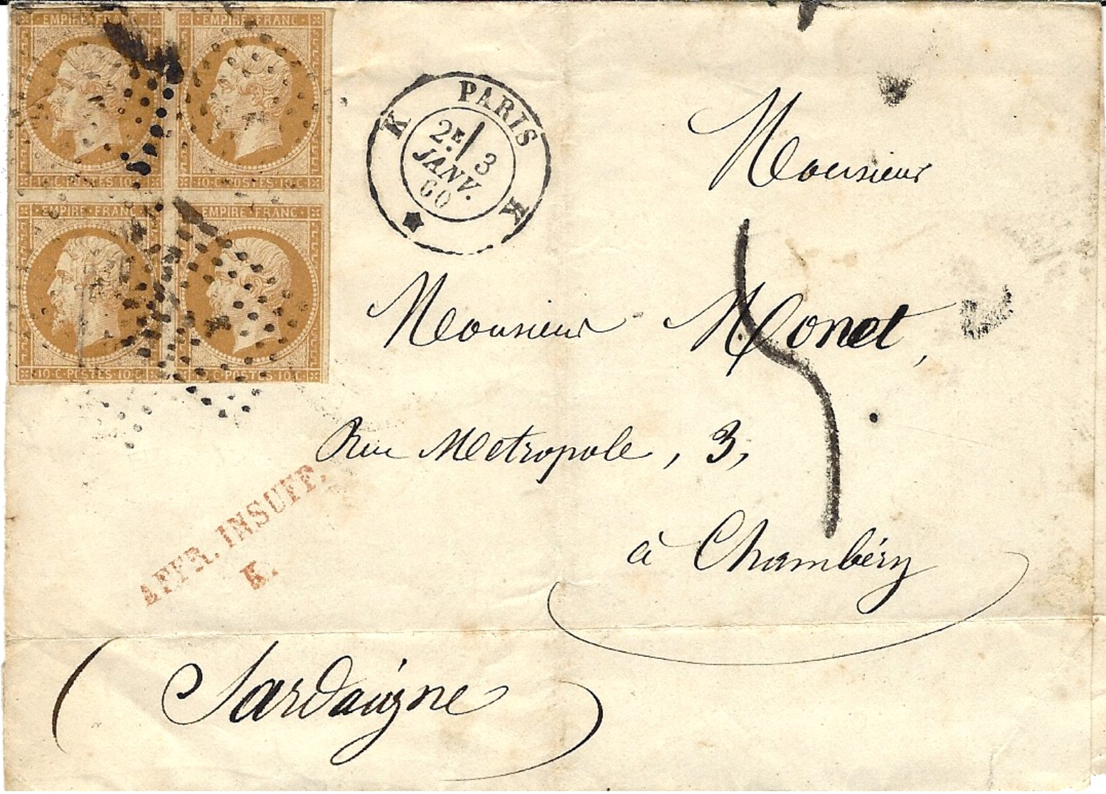 1860 -enveloppe De PARIS Bureau K ( R. St Lazare ) Cad 1521 Affr. Bloc De 4 N_13 TAXE Tampon 5 D  + AFFR. INSUFF../ K - 1849-1876: Période Classique