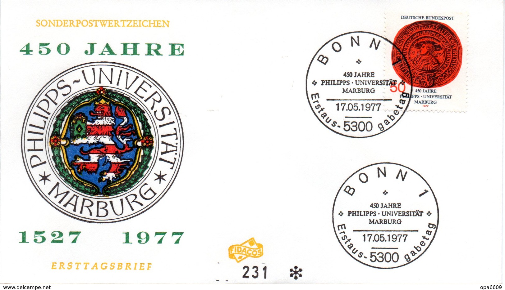 BRD Schmuck-FDC "450 Jahre Universität Marburg", Mi. 939 ESSt 17.5.1977 BONN 1 - Altri & Non Classificati