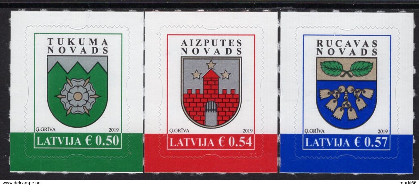 Latvia - 2019 - Coats Of Arms - Tukums, Aizpute, Rucava - Mint Self-adhesive Definitive Stamp Set - Letland