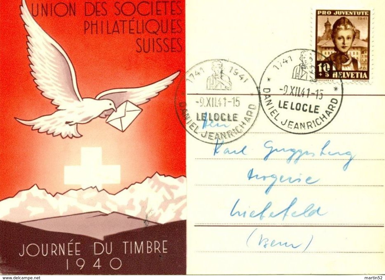 Schweiz Suisse 1941: JOURNÉE DU TIMBRE 1940 Avec Zu PJ 98 Mi 400 Yv 372 Avec O LE LOCLE 9.XII.41 DANIEL JEANRICHARD - Pigeons & Columbiformes