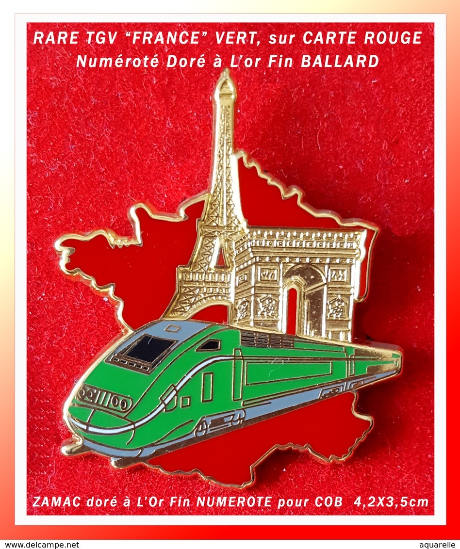 SUPER PIN'S TGV : RARE CREATION BALLARD Pour COB, ZAMAC Doré à L'Or Fin Version TGV VERT Sur CARTE De FRANCE ROUGE, N°.. - TGV